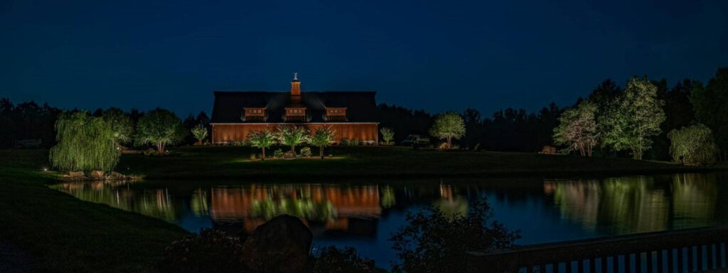 barn-pond-landscape-lighting-trees-letup-water-light-reflection-clear- sky-moonlight-up-lights-roof-lighting